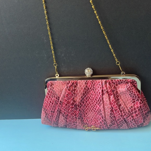 Jessica Simpson Pink and Red snake skin top-latch clutch purse - Picture 5 of 10